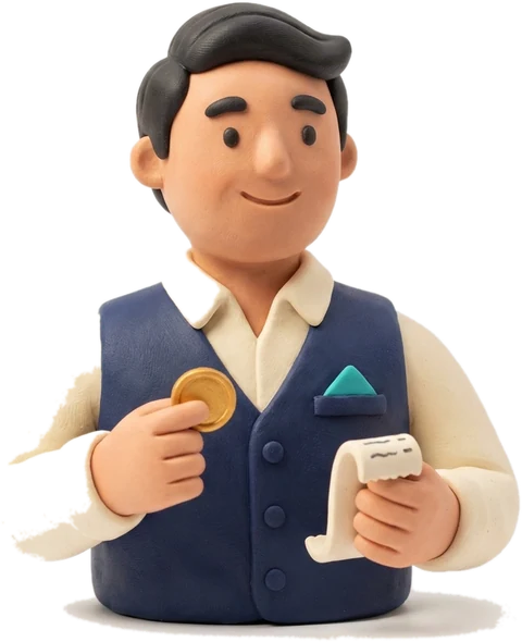 Clay figurine of your AI CCO in a navy vest holding a coin and a receipt
