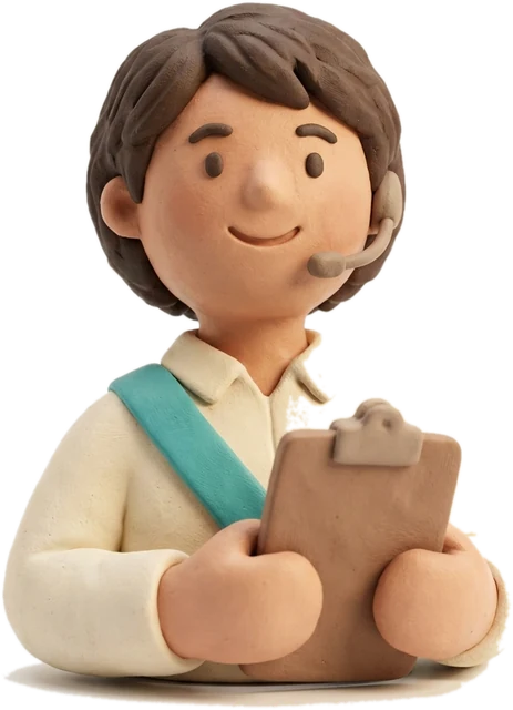 Clay figurine of your AI COO wearing a headset and holding a clipboard
